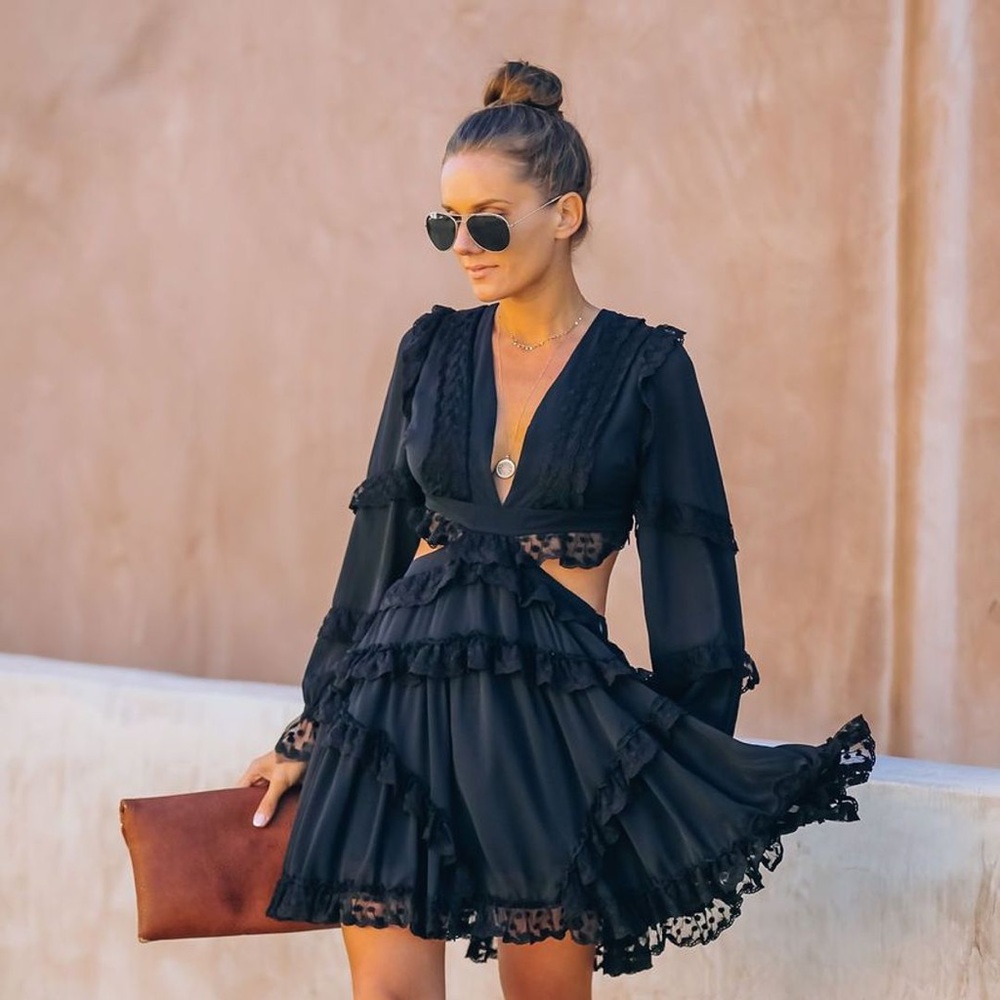 VICI COLLECTION Cartwheel Lace Tiered Cutout Dress - Black- Never Worn!